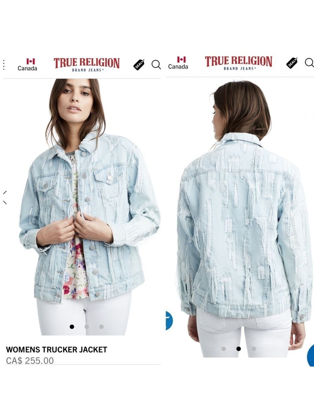 True Religion Women's Denim Trucker Jean Jacket Distressed Cyan Cyclone XS NEW